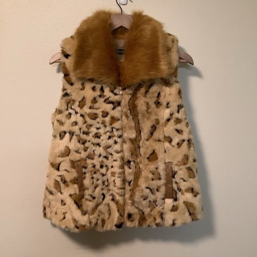 Bacci Womens Leopard‎ Print Faux Fur Vest Zip Up Brown Tan Size Medium RN132767